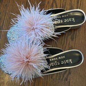 kate spade Pink Feather & Silver Glitter Slide Mules